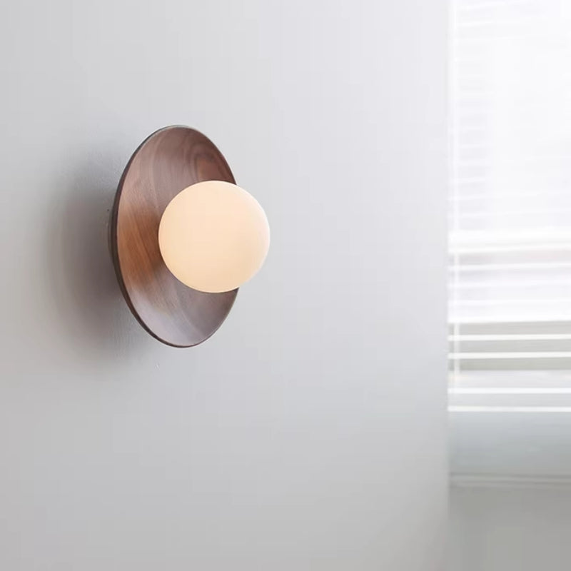 Wooden Round Alabaster Wall Sconce Light
