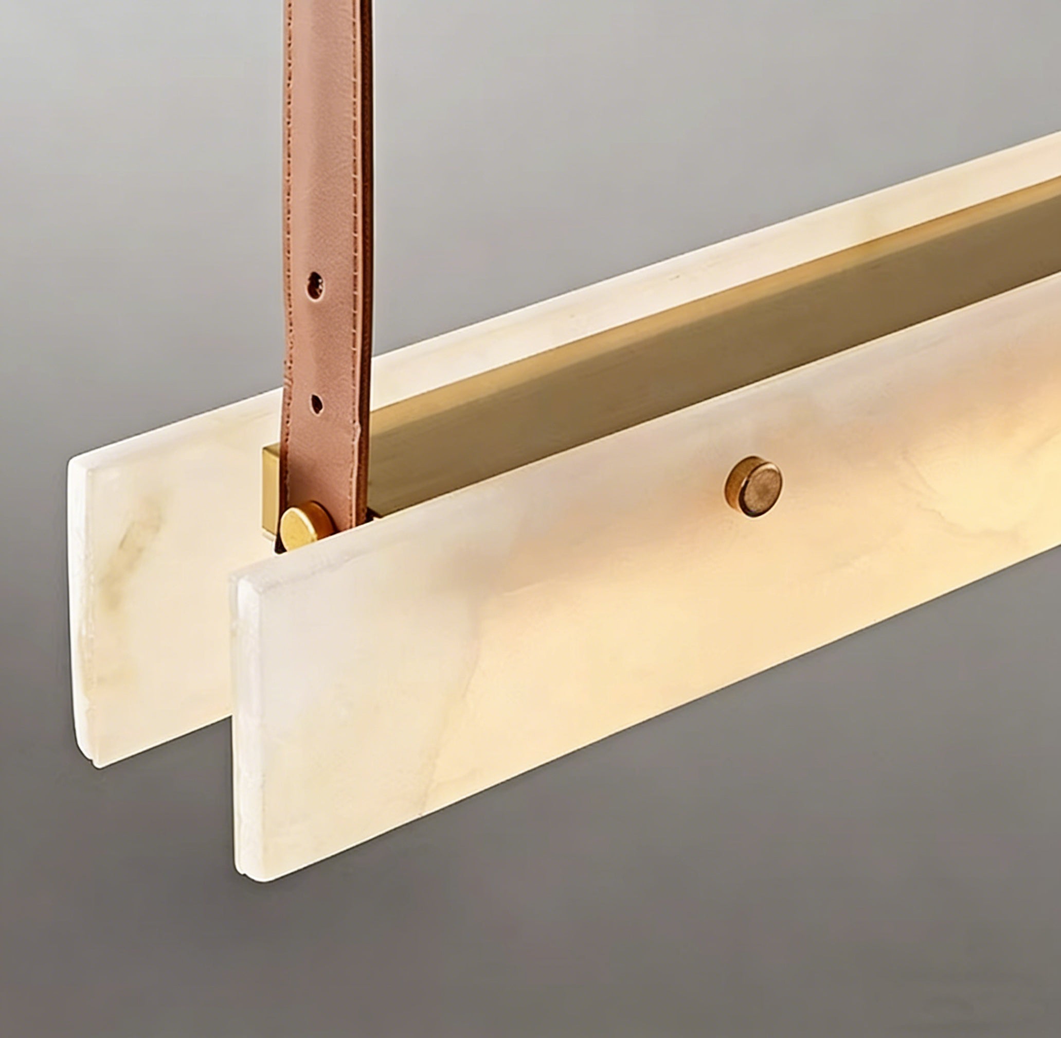 Alabaster Linear Pendant with Leather Straps and Metal Canopy