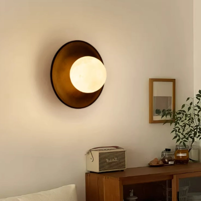 Wooden Round Alabaster Wall Sconce Light