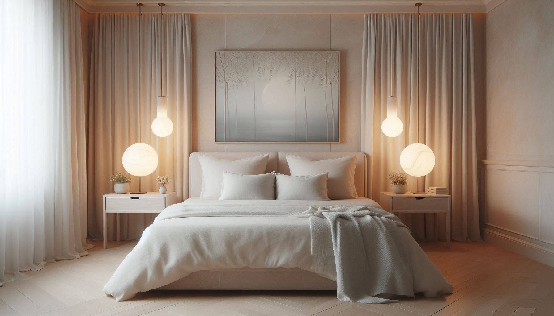 Modern Bedroom with White Alabaster Pendant Lights