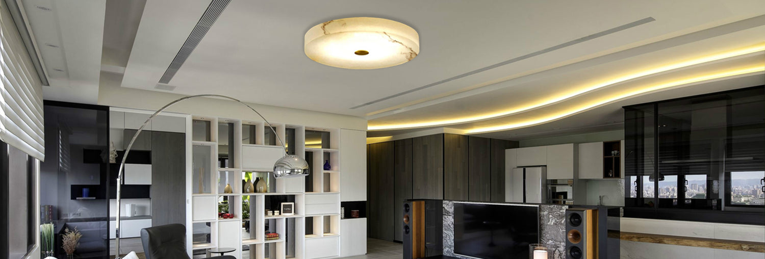 Fabtiko® Alabaster Flush Mount Light Illuminating the House