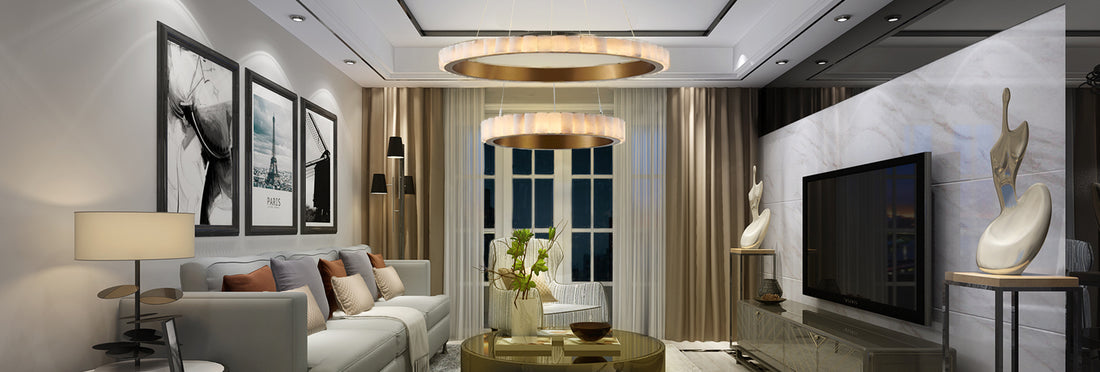Modern living room with Fabtiko alabaster lighting fixture
