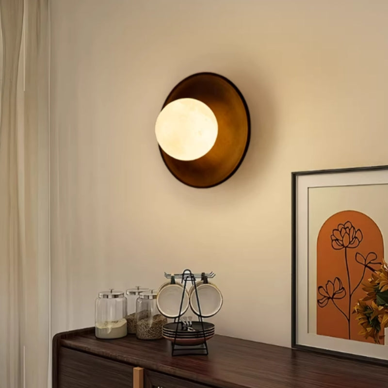 Wooden Round Alabaster Wall Sconce Light