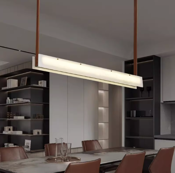 Alabaster Linear Pendant with Leather Straps and Metal Canopy
