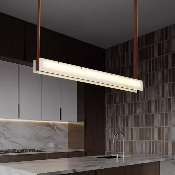 Alabaster Linear Pendant with Leather Straps and Metal Canopy