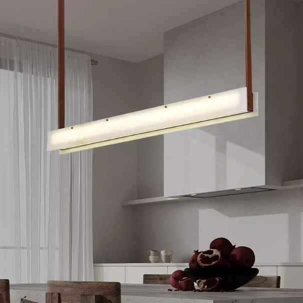 Alabaster Linear Pendant with Leather Straps and Metal Canopy