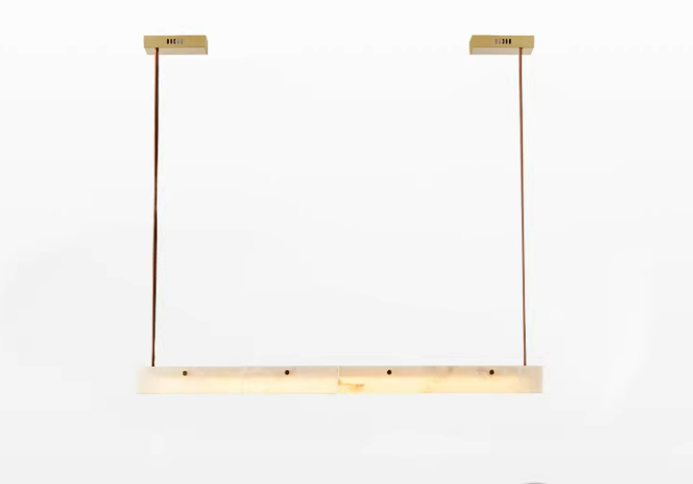 Alabaster Linear Pendant with Leather Straps and Metal Canopy
