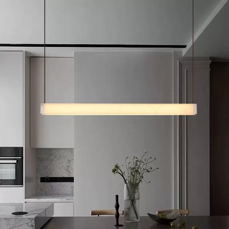 Alabaster Linear Pendant with Leather Straps and Metal Canopy