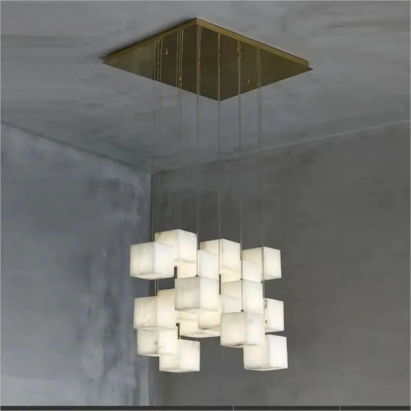 Alabaster Cube Foyer Staircase Long Chandelier 18-Light   Chandelier [product_tags] Fabtiko