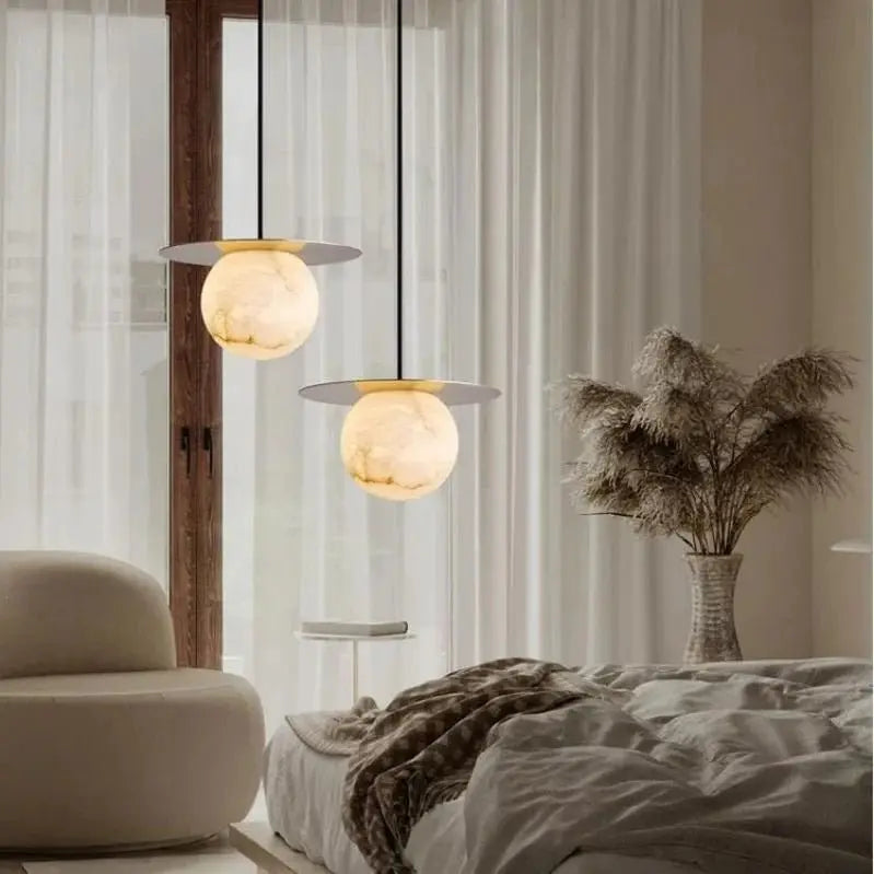 Alabaster Sphere Pendant Light Above Bed    Pendant [product_tags] Fabtiko