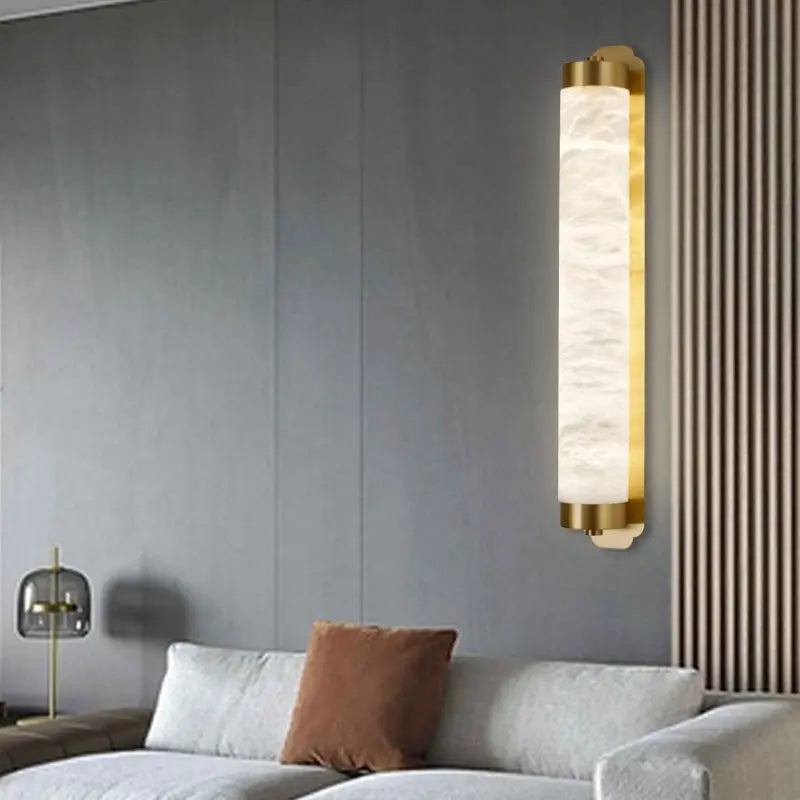 Natural Alabaster Wall Sconce – Modern Marble Cylindrical Copper LED Wall Lamp For Living Room, Bedroom, Hallway (Gold/Black Finish)