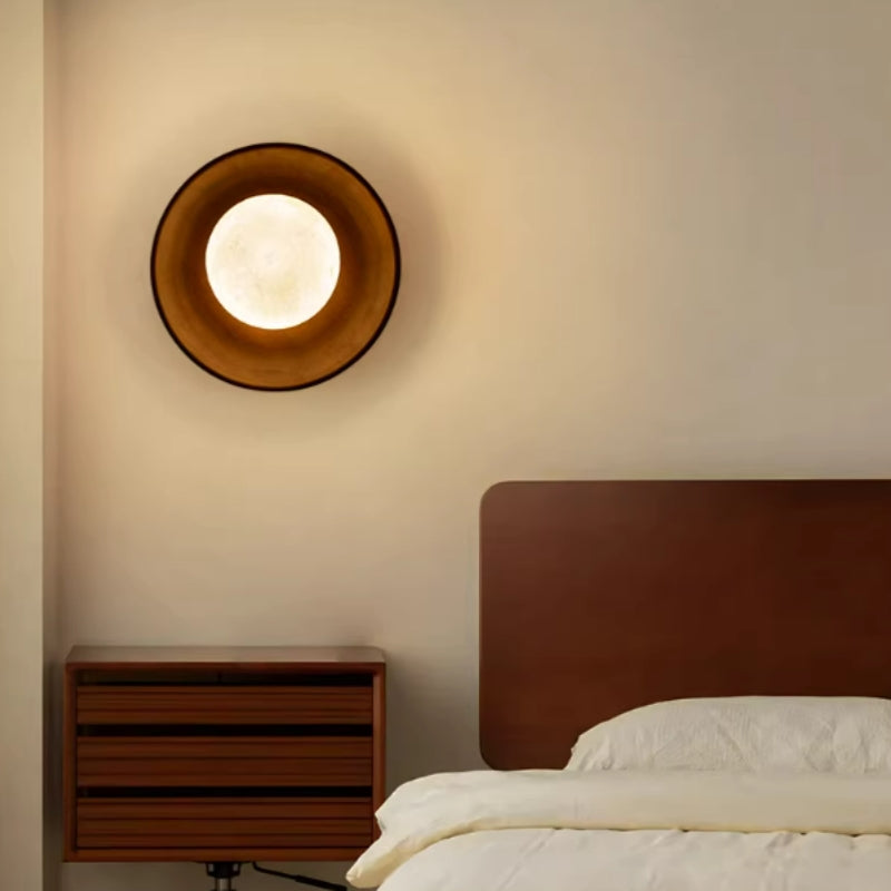 Wooden Round Alabaster Wall Sconce Light